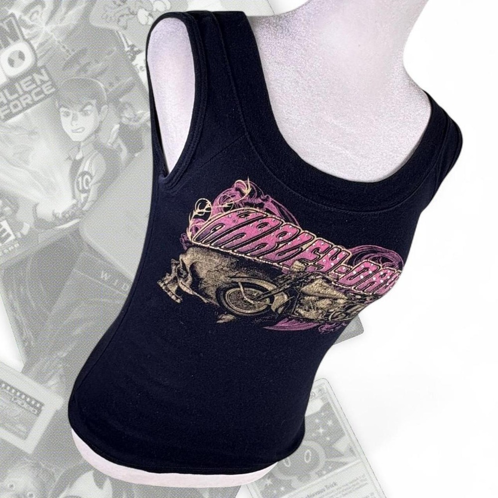 Vintage Y2K Black & Pink Rhinestone Harley Davidson Skull Cami Tank Top
